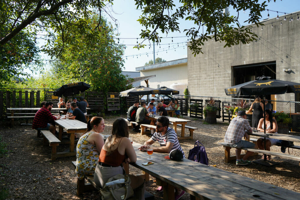 The outdoor patio at Yellow Dog Brewing in Port Moody, BC