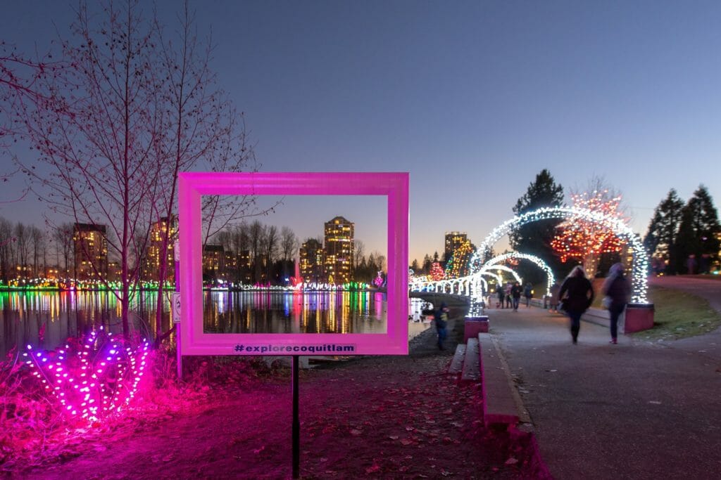 Holiday lights around Lafarge Lake in Coquitlam