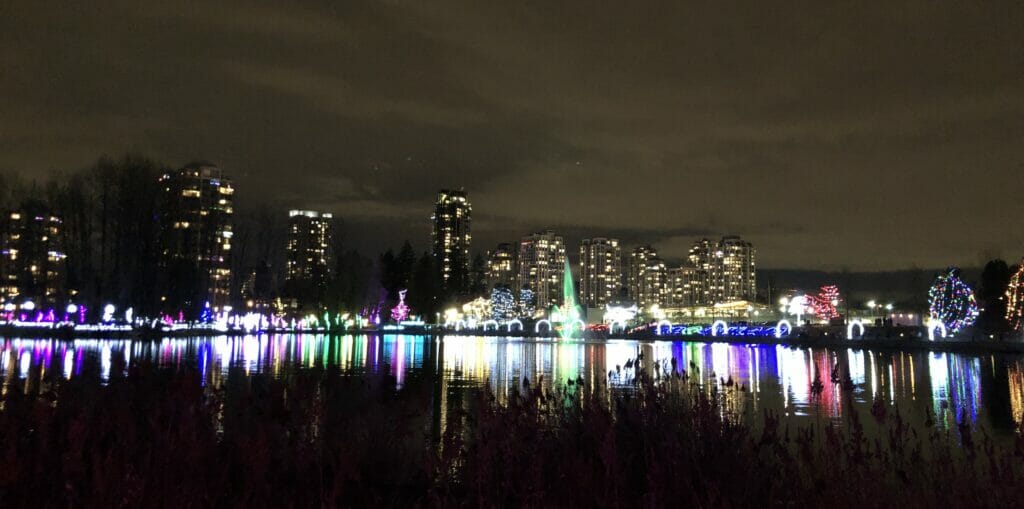 Holiday lights around Lafarge Lake in Coquitlam