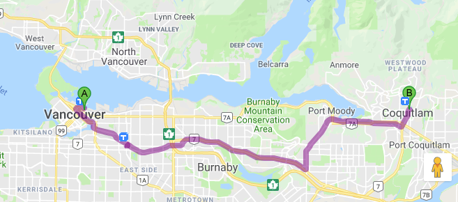 A map of the SkyTrain route from Vancouver to Coquitlam