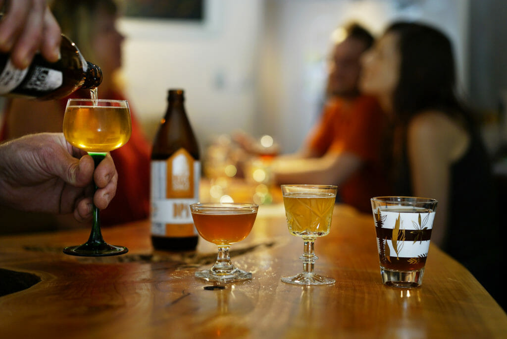 A line up of beer in unique glassware at LoveShack Libations