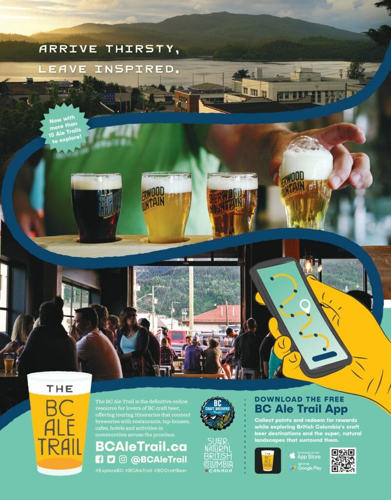 image of community, beer flight, and people in brewery promoting free BC Ale Trail app