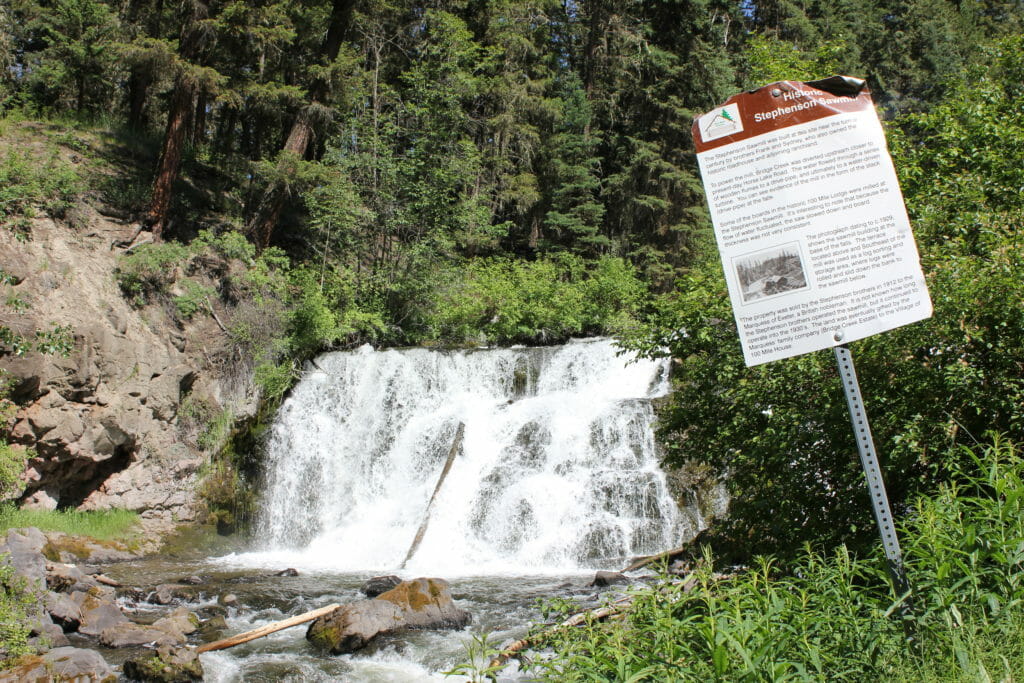 image of Bridge Creek Falls and sign about historic Stephenson sawmill