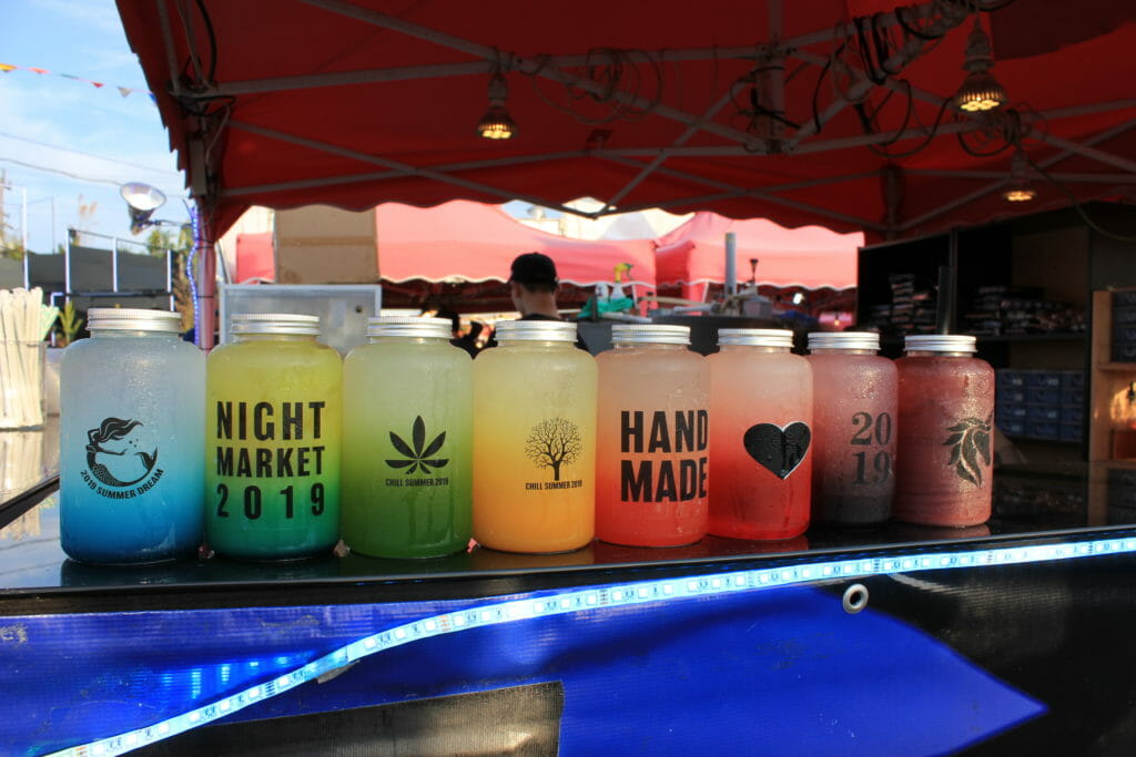 a lineup of colourful virign cocktails at Richmond Night Market