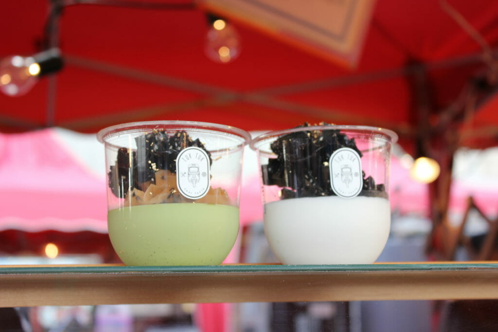 image of green tea and coconut pannacotta with dok jok cookies at Richmond Night Market