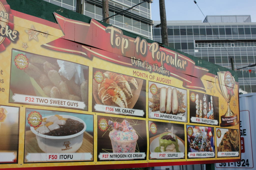 image of board showing Augusts Top 10 fan favourite foods at Richmond Night Market