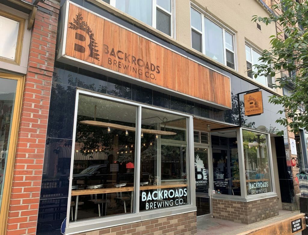 front door and signage at Backroads Brewing Co. in Nelson, BC