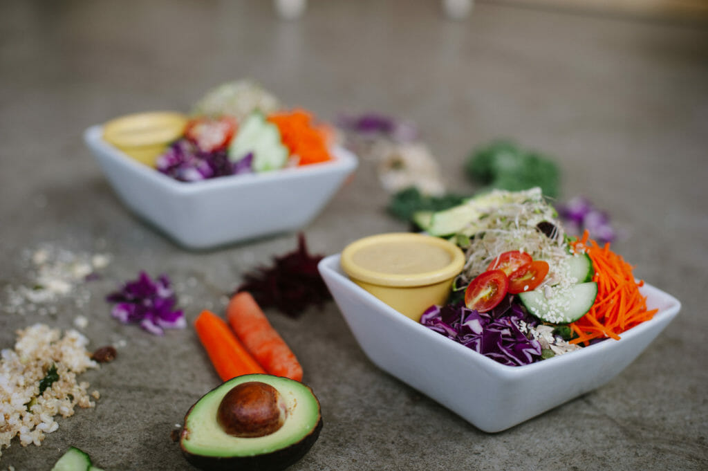 avocado, carrots, and two of Green Moustache Organic Cafe's Buddha Bowls, found in Whistler, BC