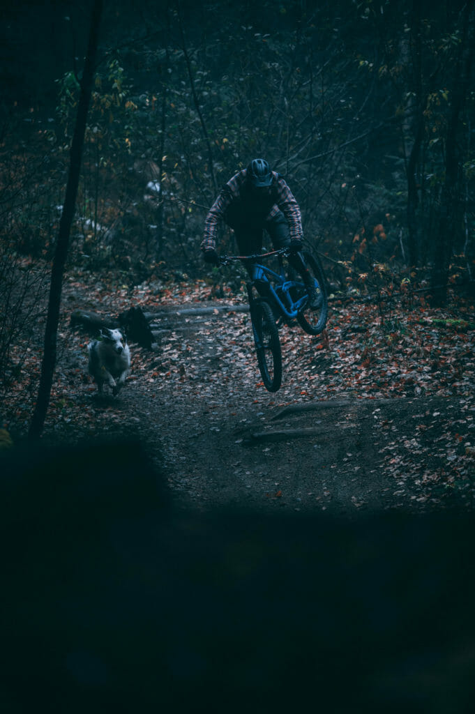 image of mountain biker and dog on trail in Prince George, BC