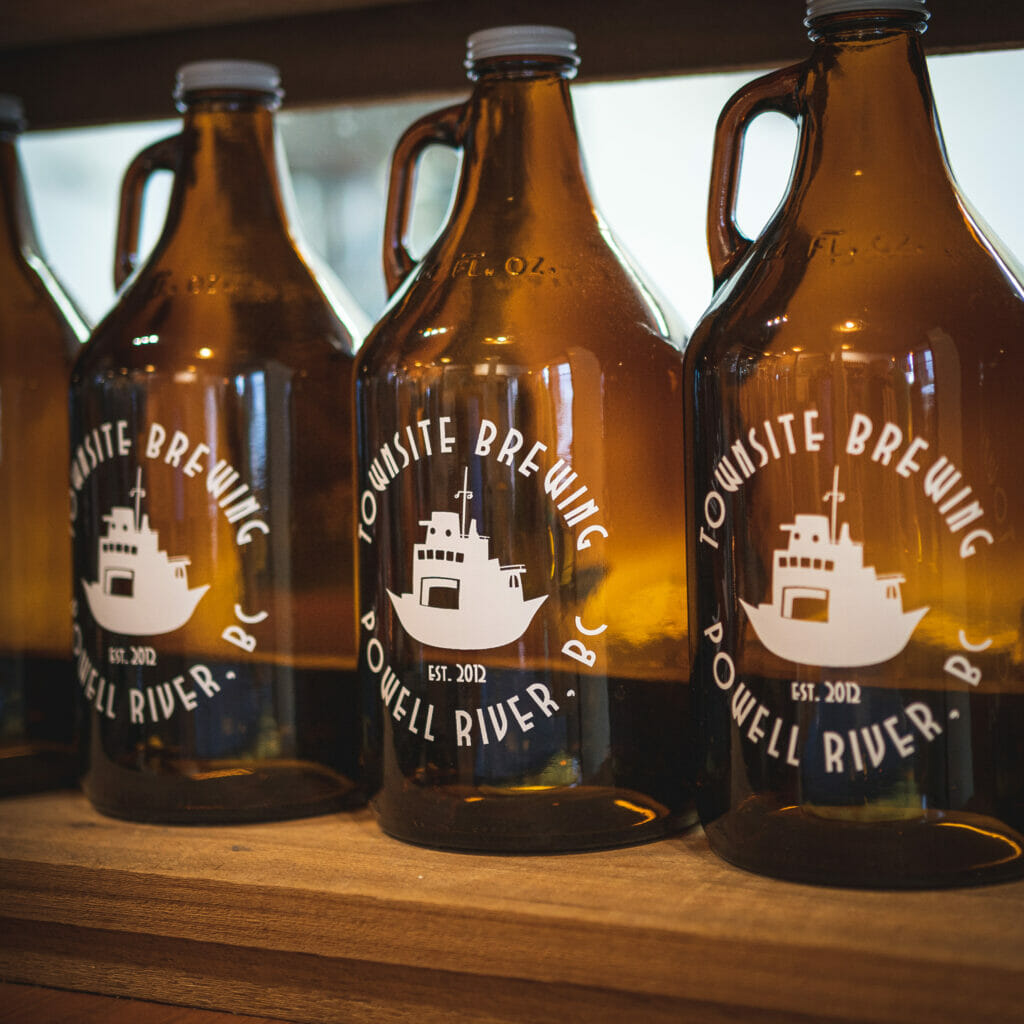 Growlers at Townsite Brewing, in Powell River, BC on the BC Ale Trail