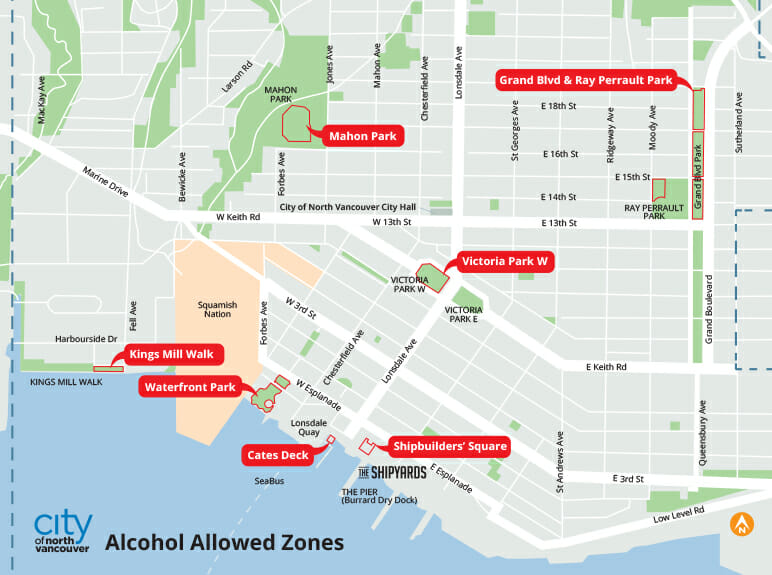 A map of locations in the City of North Vancouver where open alcohol is permitted