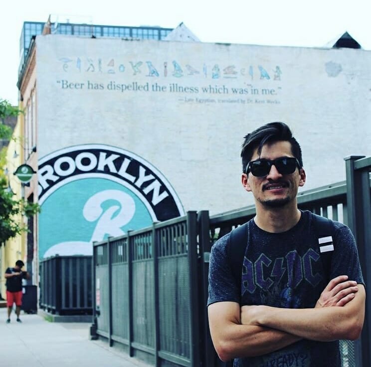 Miguel Molina visiting the head brewer at Brooklyn Brewing