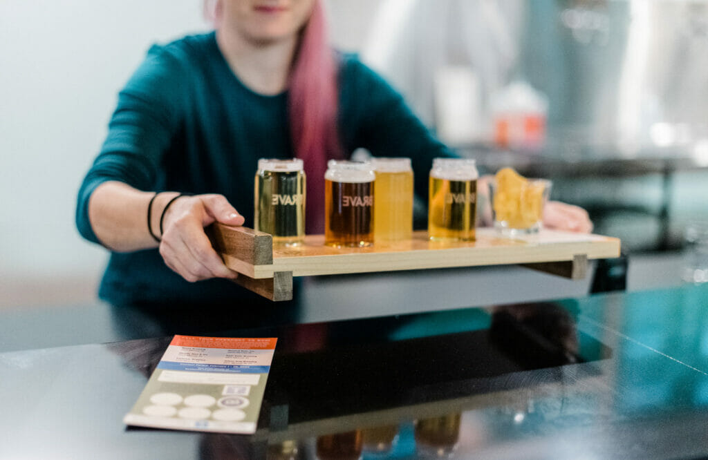 A flight being served at Brave Brewing, Port Moody