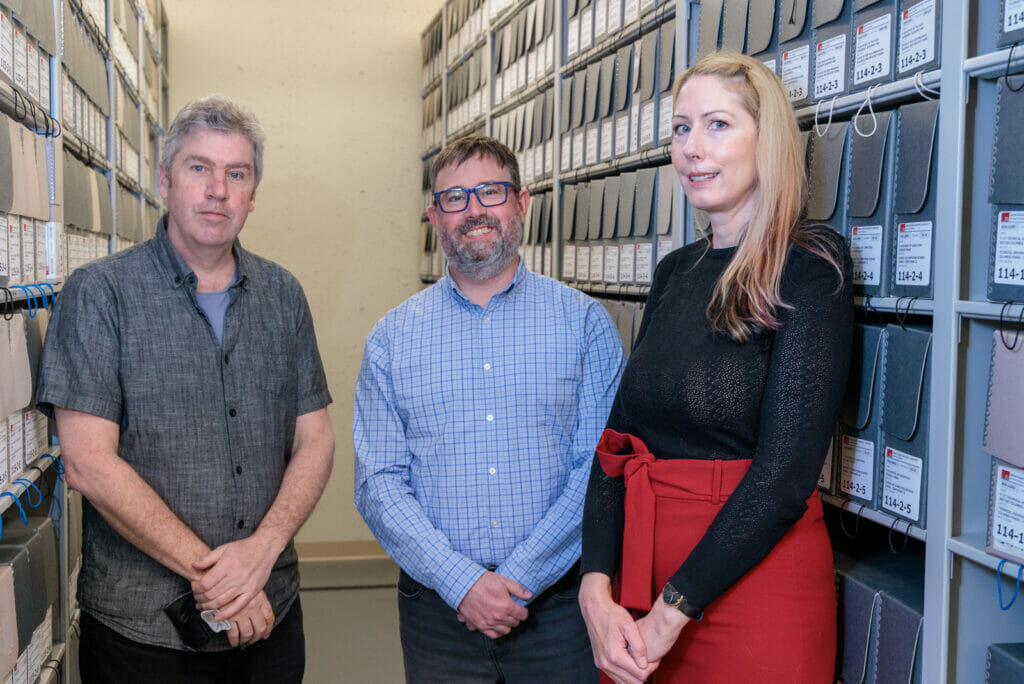 Richard Dancy, Paul Hebbard and Melanie Hardbattle in the SFU Archives repository