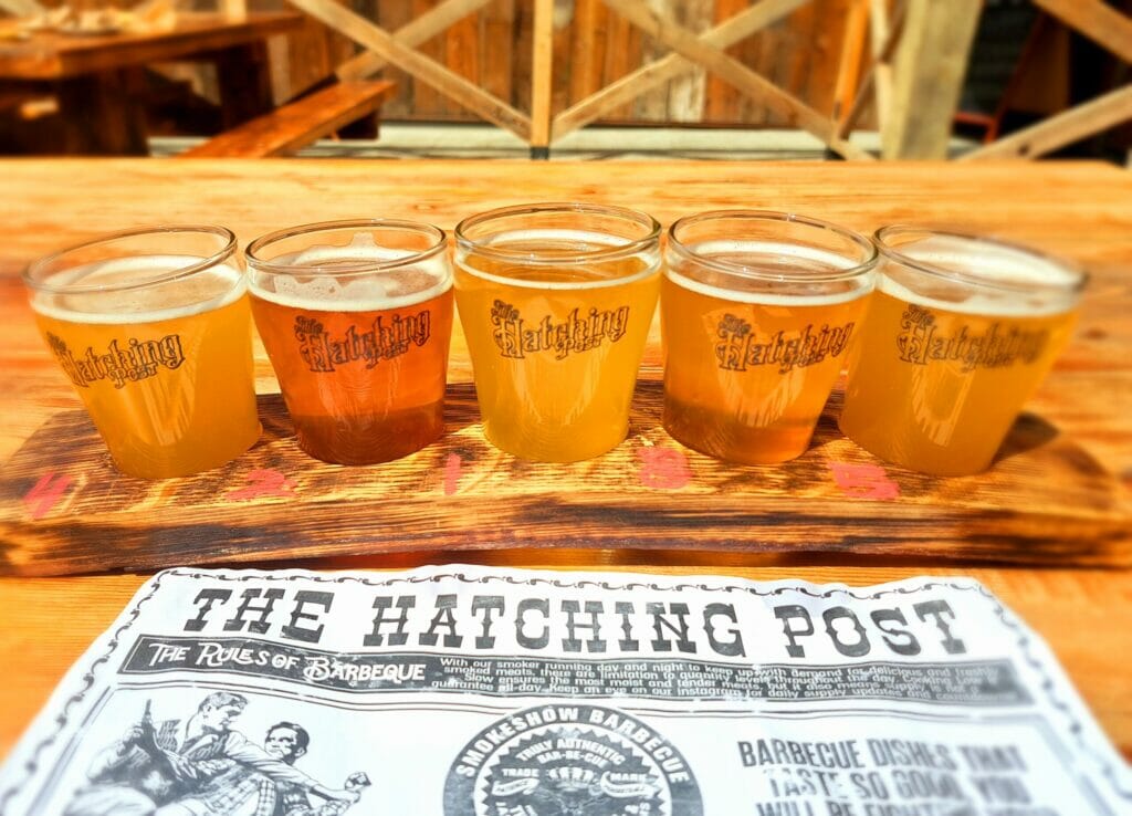 a flight of beer at The Hatching Post in West Kelowna, BC