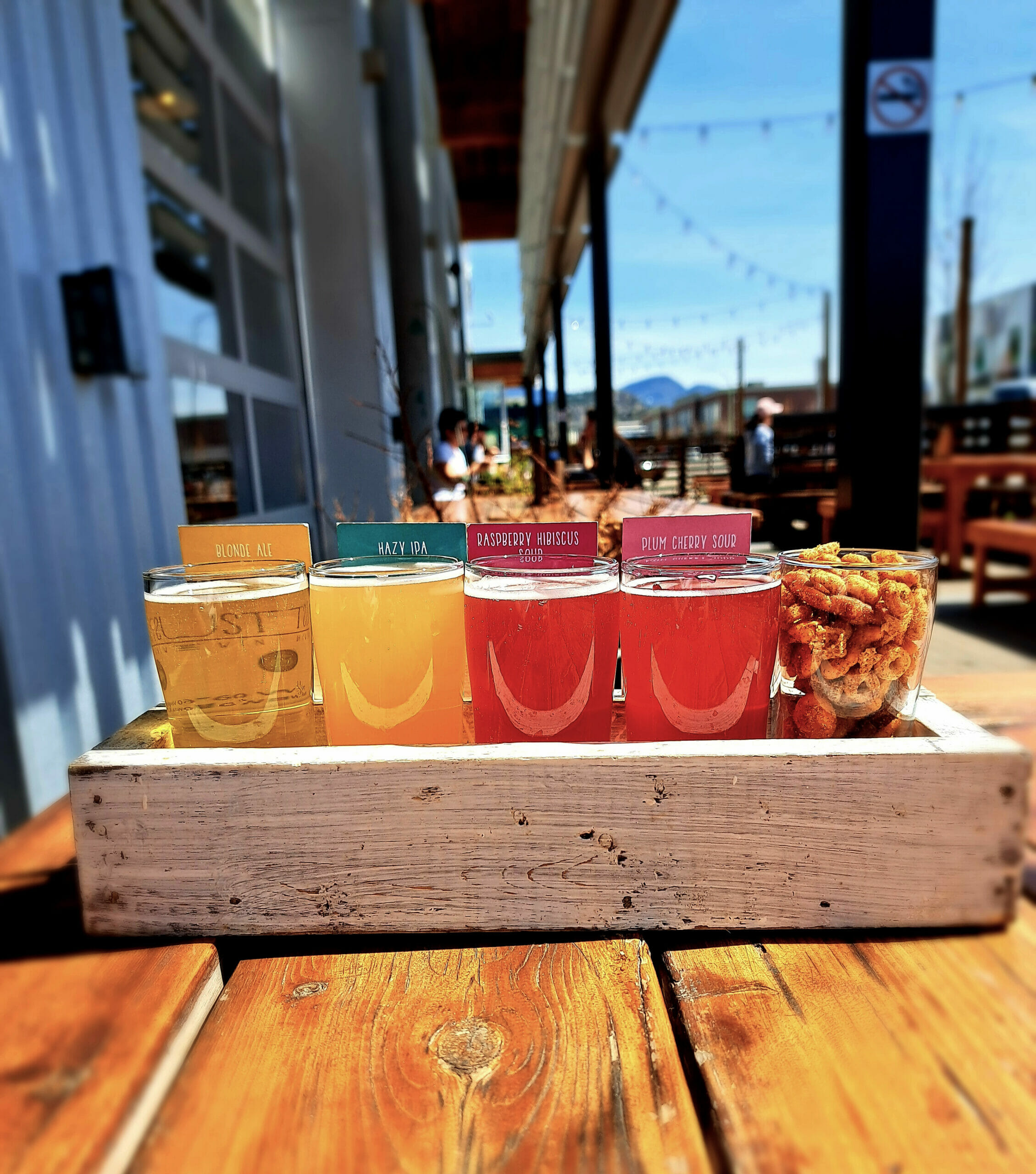 A colourful flight of beer at Rustic Reel Brewing in Kelowna, BC