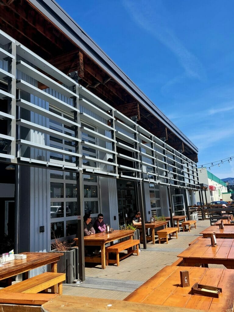 The sunny outdoor patio at Rustic Reel Brewing, Kelowna,BC Ale Trail-Hannah Irvine