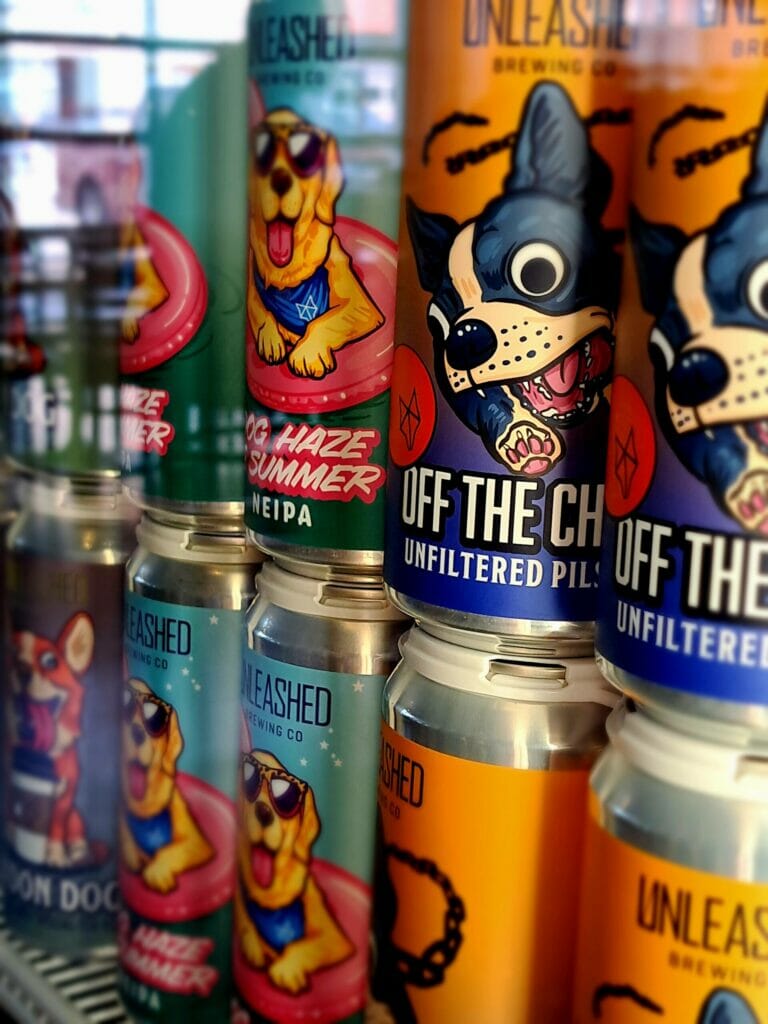 Colour cans of beer at Unleashed Brewing in Kelowna, BC