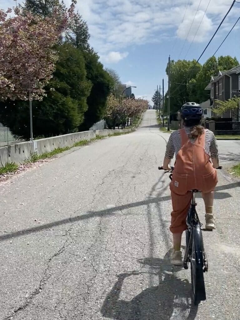 A cyclist on a quiet road next to blooming trees