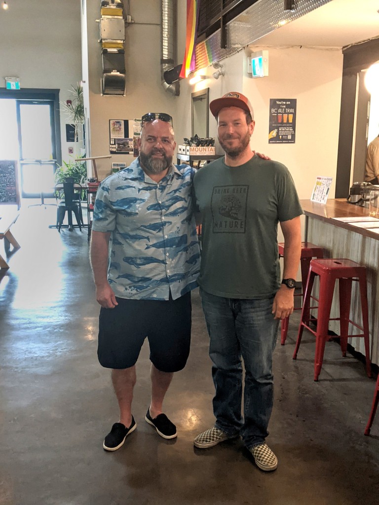 Kaleb with brewery owner Adam Keil at Mountainview Brewing in Hope, BC (photo: Ted Child)