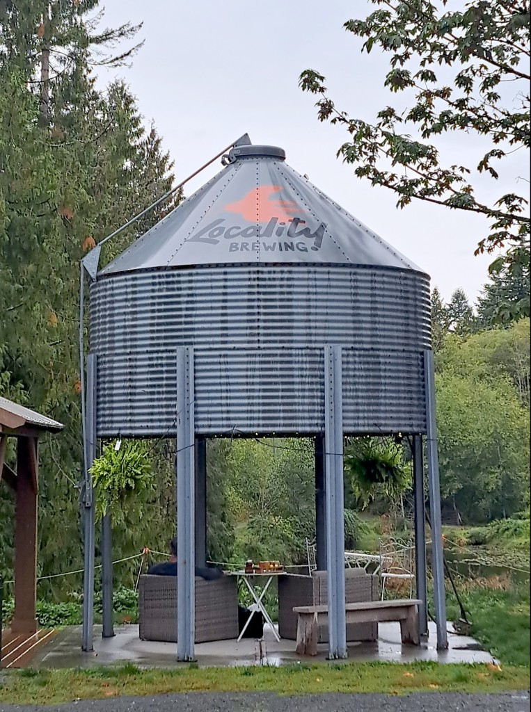 A repurposed grain silo provides covered seating at Locality Brewing in Langley, BC